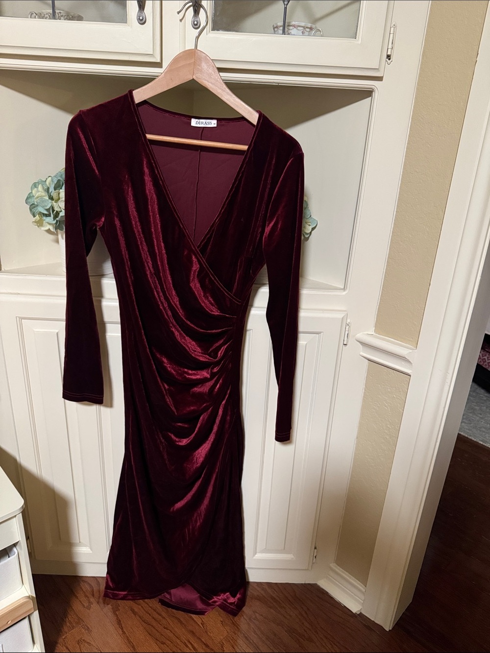 DRESSBARN Burgundy Velvet Wrap-Style Long Sleeve Dress